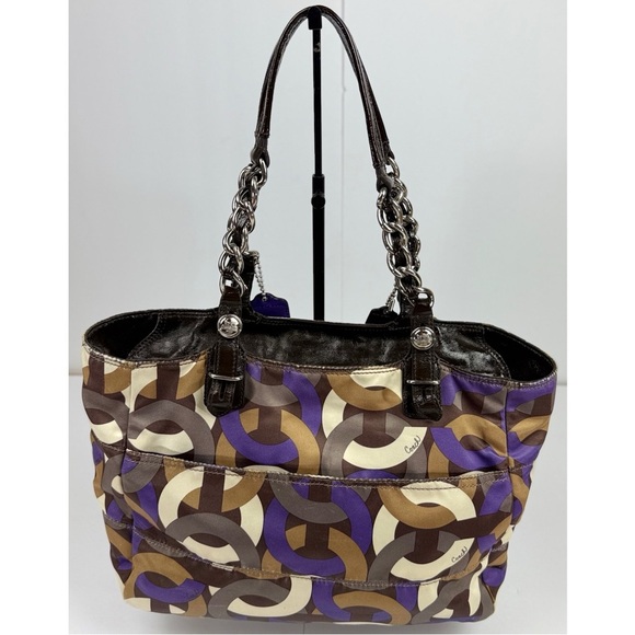 Coach Madison Ivory Brown & Purple Chainlink Signature Tote Purse - Picture 4 of 15